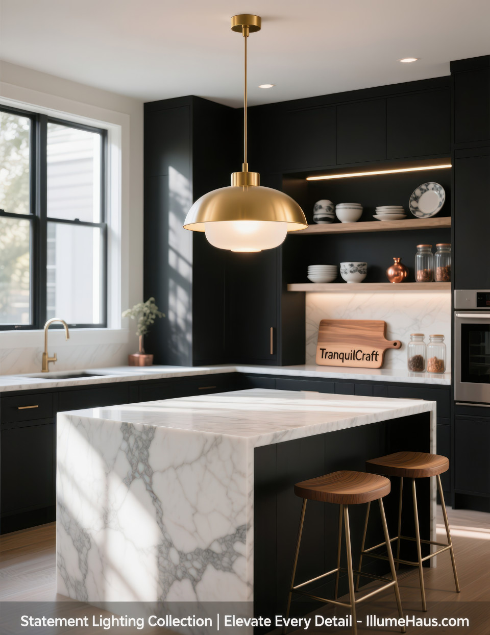 Gold pendant light glowing above marble island with black cabinets and open shelves in modern kitchen, home decor products chat gpt prompts
