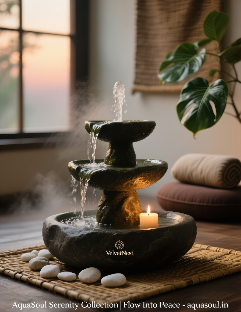 River stone fountain with flowing water on bamboo mat surrounded by candles and plants in meditation corner, home decor products chat gpt prompts