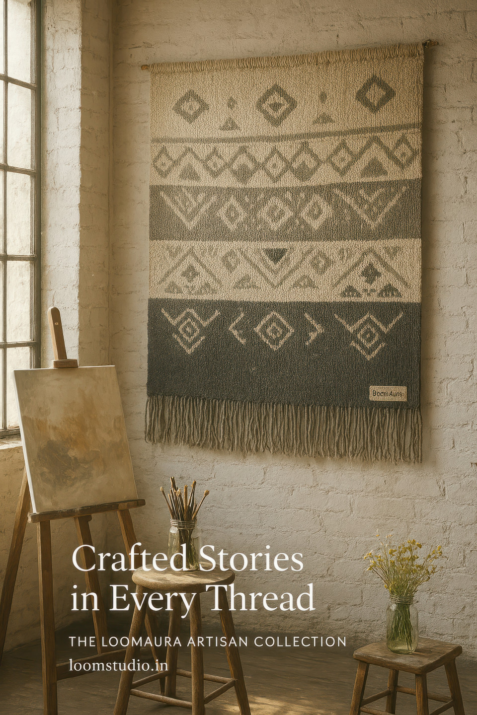 Neutral toned tribal tapestry hanging in rustic studio with easel, stool and sunlight from tall windows, home decor products chat gpt prompts