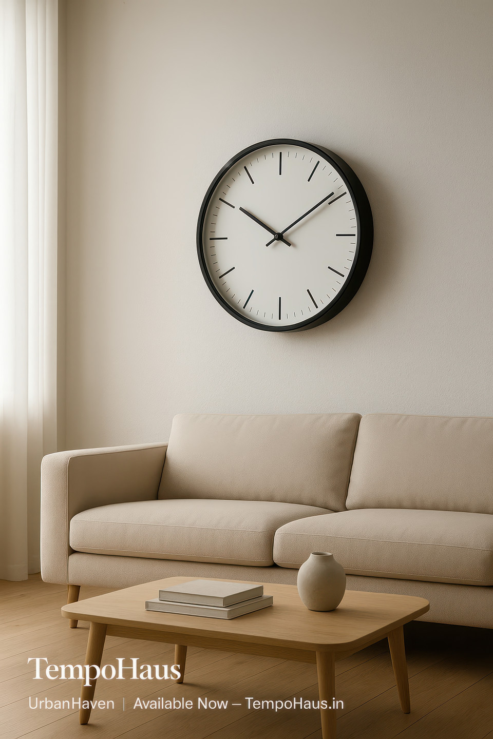 Sleek wall clock on white feature wall above scandinavian sofa with soft daylight, simple nordic vibe, home decor products chat gpt prompts