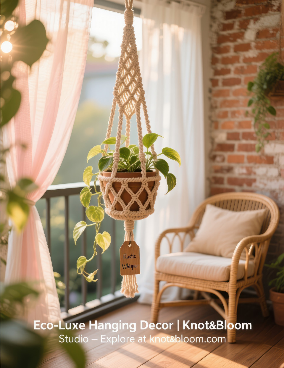 Woven macramé planter with green trailing plant hanging on rustic balcony with brick wall and golden sunlight, home decor products chat gpt prompts