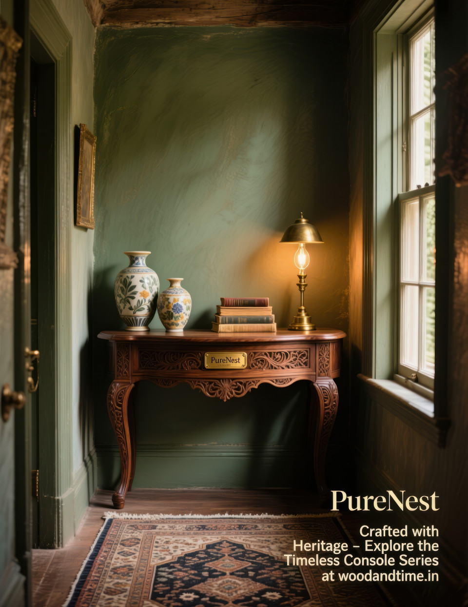 Hand carved wooden console with ceramic vases, antique lamp, green patina wall and persian rug, home decor products chat gpt prompts