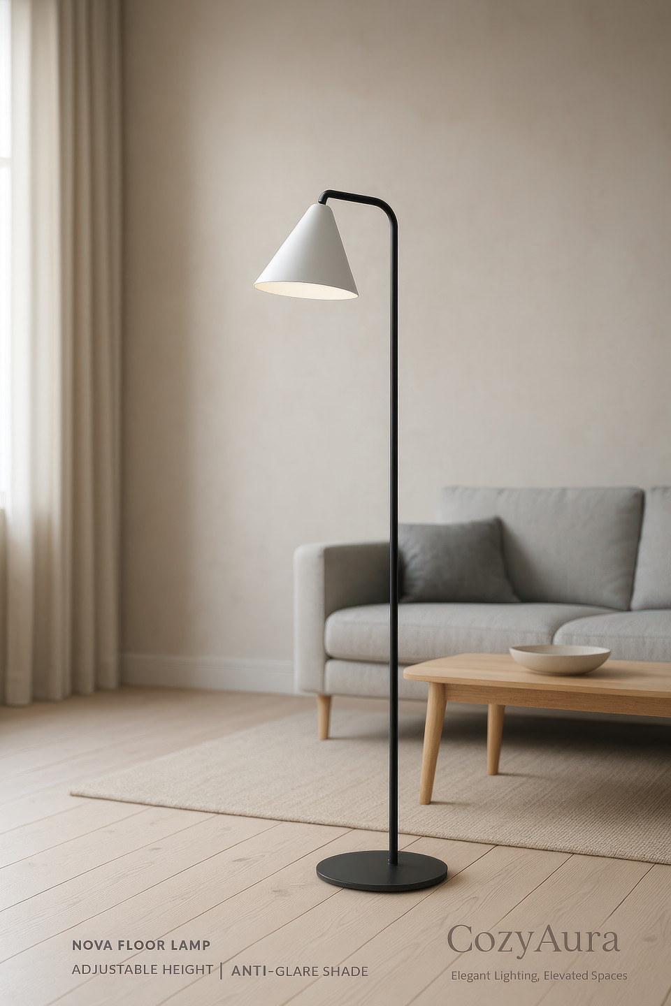 Sleek wall clock on a textured white wall above a beige scandinavian sofa, soft daylight creating airy nordic minimalist interior style