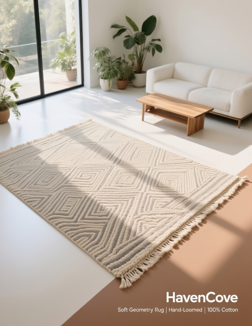 Geometric tapestry in neutral tones hanging on brick wall with easel, stool, and wildflowers, warm sunlight filling rustic artistic studio