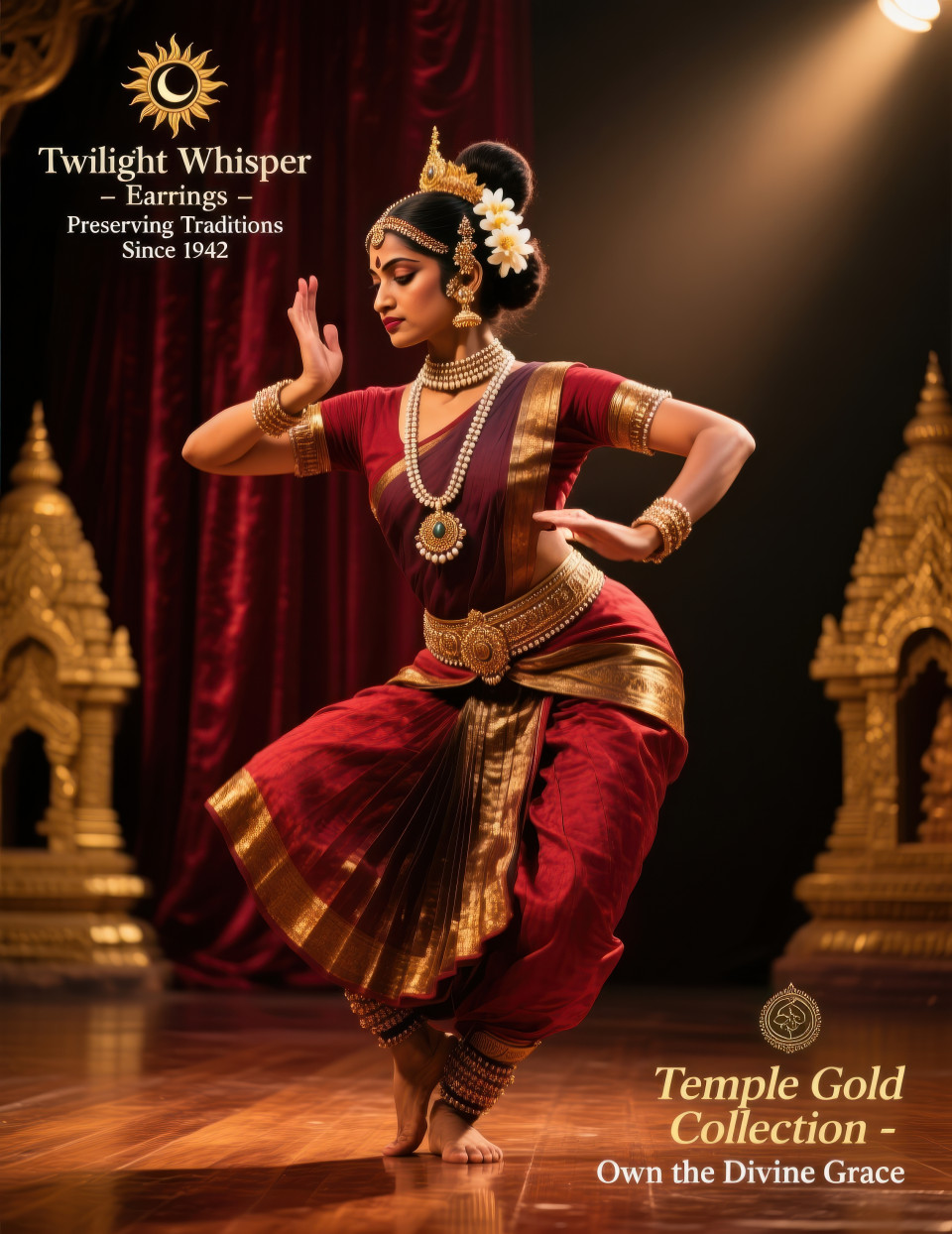 Classical bharatanatyam dancer mid pose adorned with antique gold jewelry under stage lights with temple vibe, jewelry product chat gpt prompts