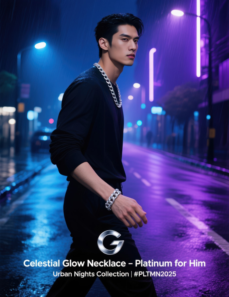 Stylish man wearing platinum chain and bracelet walking under neon city lights at night with modern urban mood, jewelry product chat gpt prompts
