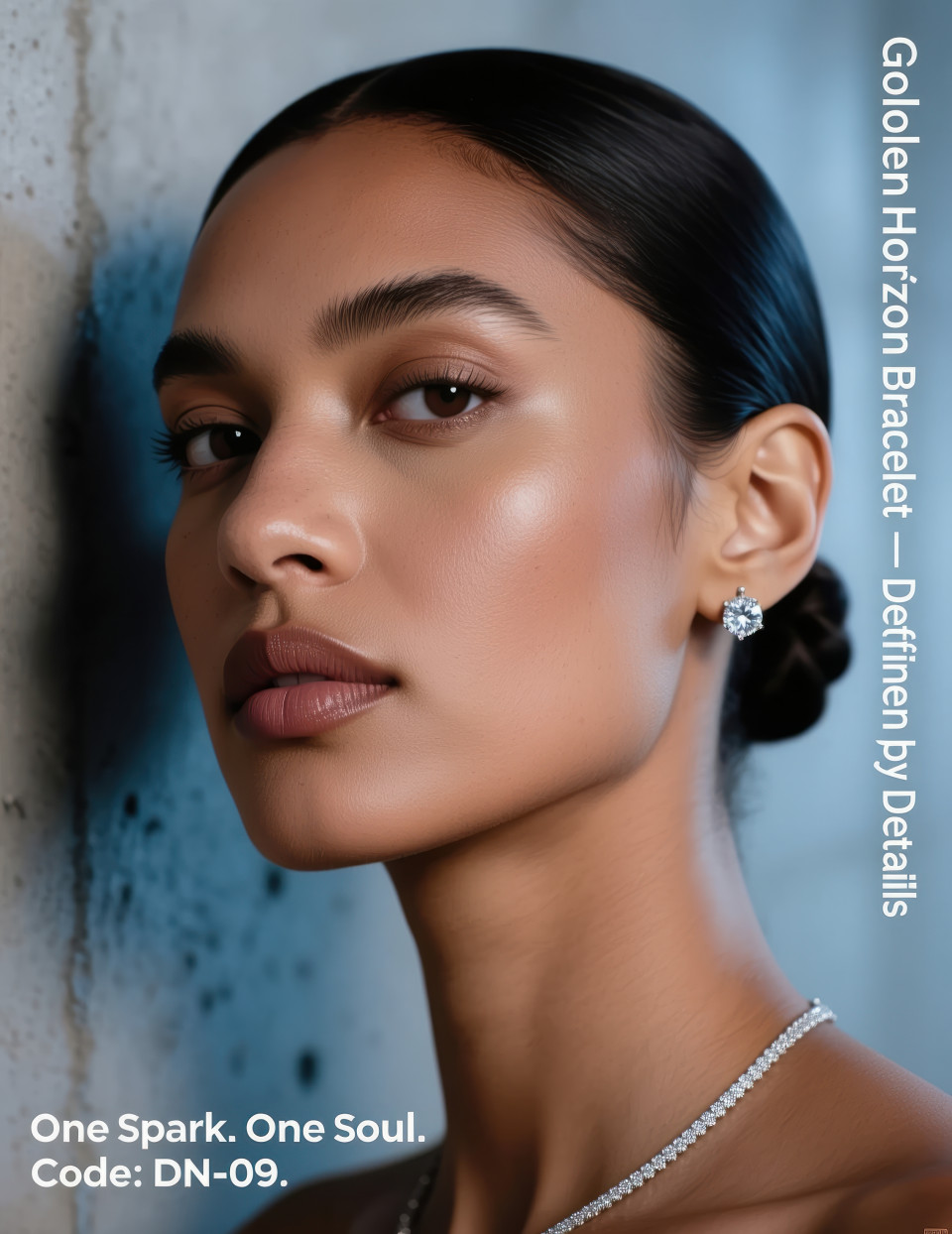 Close up of model face with solitaire diamond nose pin sparkling under soft light against gray blue wall, jewelry product chat gpt prompts