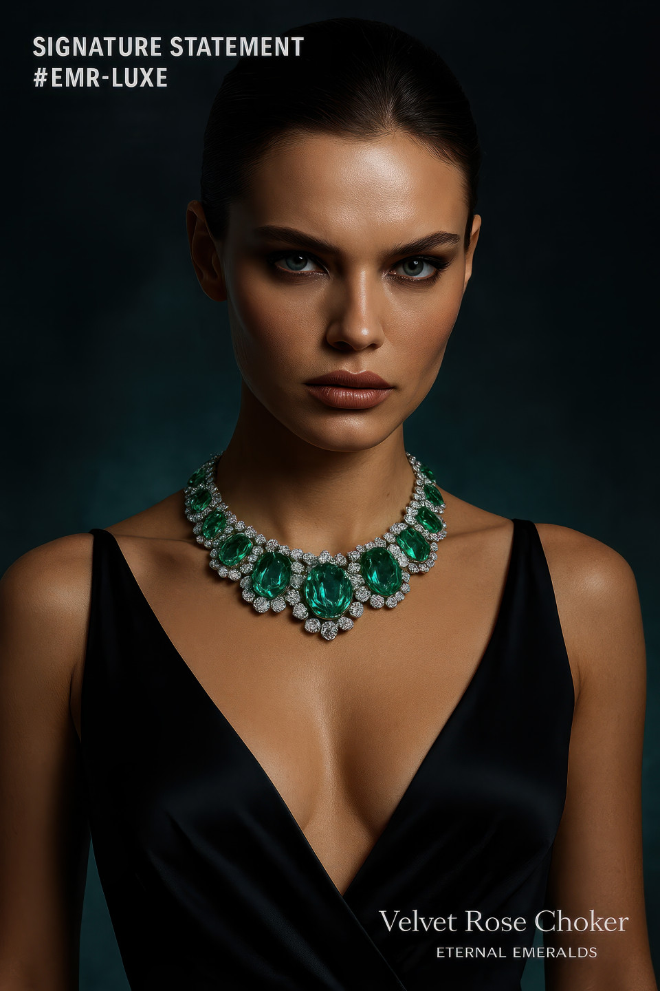 Luxury model in satin gown wearing bold emerald necklace against dark smoky backdrop with gemstone sparkle, jewelry product chat gpt prompts