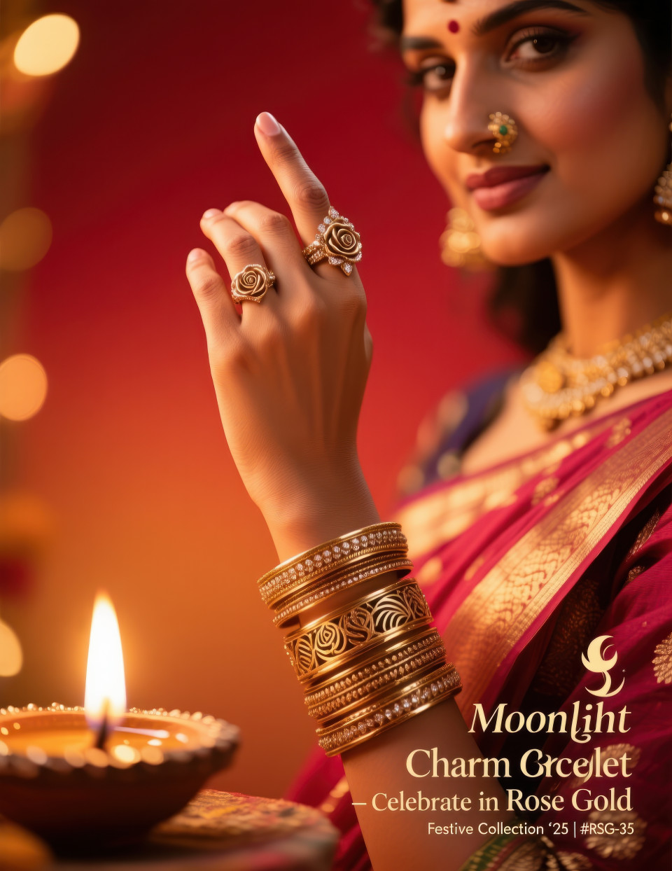 Woman in saree raising hand with rose gold bangles and rings glowing under festive diya lights, joyful diwali feel, jewelry product chat gpt prompts