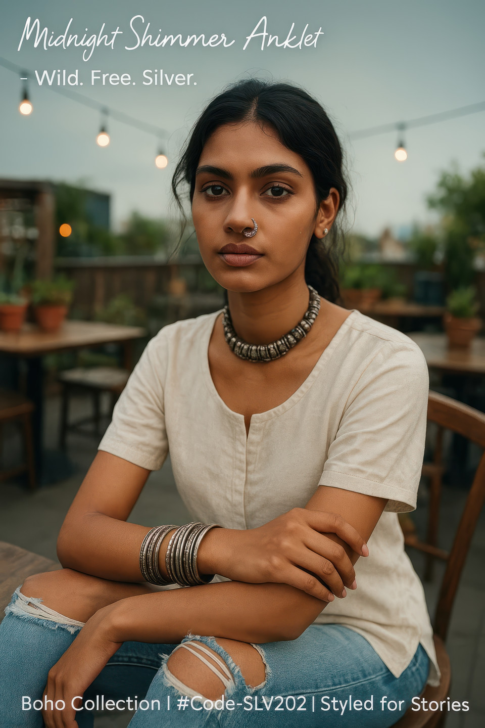 Young woman in casual kurti and jeans wearing oxidized silver choker, bangles, and nose ring at rooftop café, jewelry product chat gpt prompts