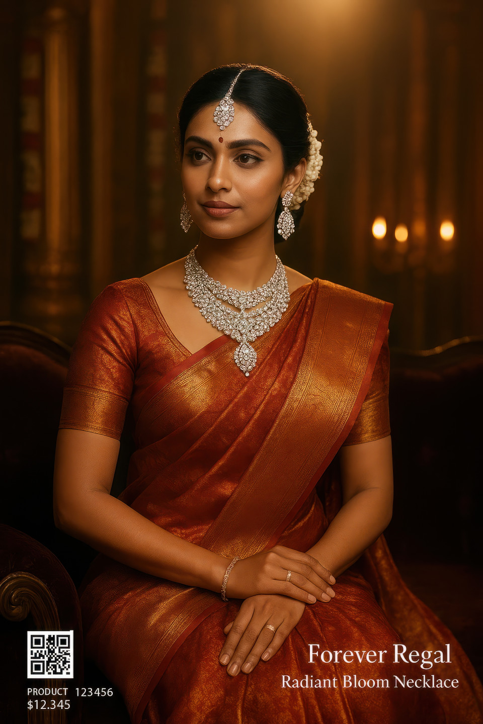 South indian bride in silk saree wearing diamond necklace, earrings, and maang tikka seated on antique couch in palace setting, jewelry product chat gpt prompts