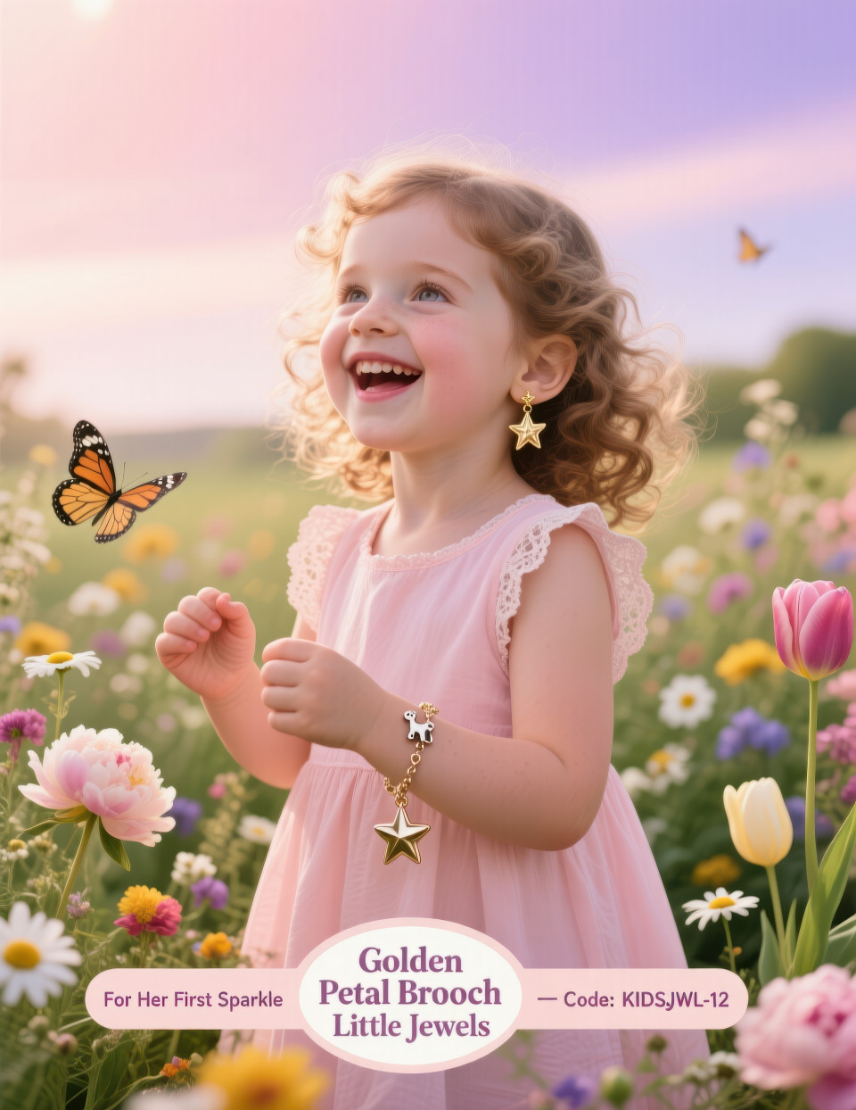 Little girl in pastel dress with gold earrings and charm bracelet playing in garden with flowers and butterflies, jewelry product chat gpt prompts