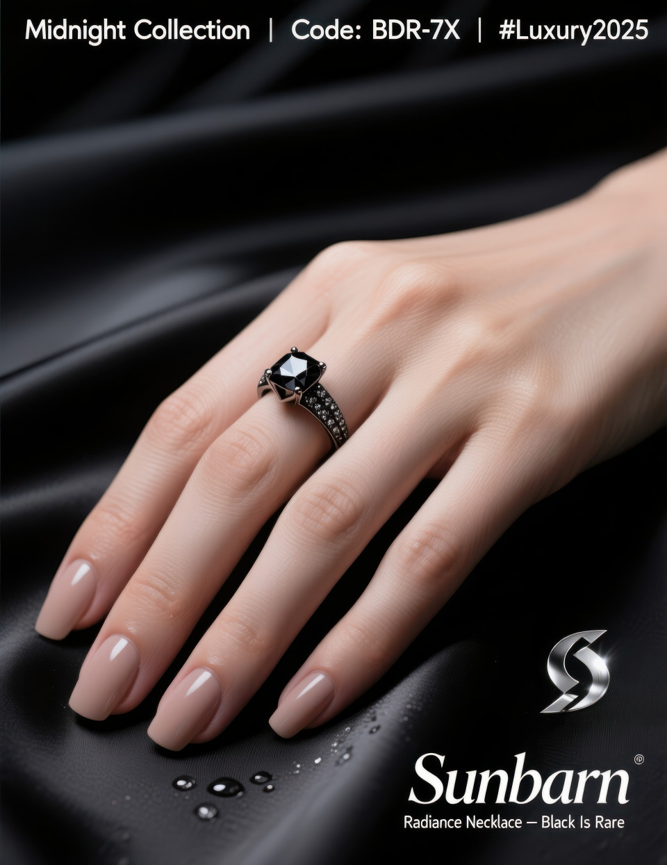 Black diamond ring on graceful hand with nude nails posed on satin fabric under spotlight, dark luxury concept, jewelry product chat gpt prompts