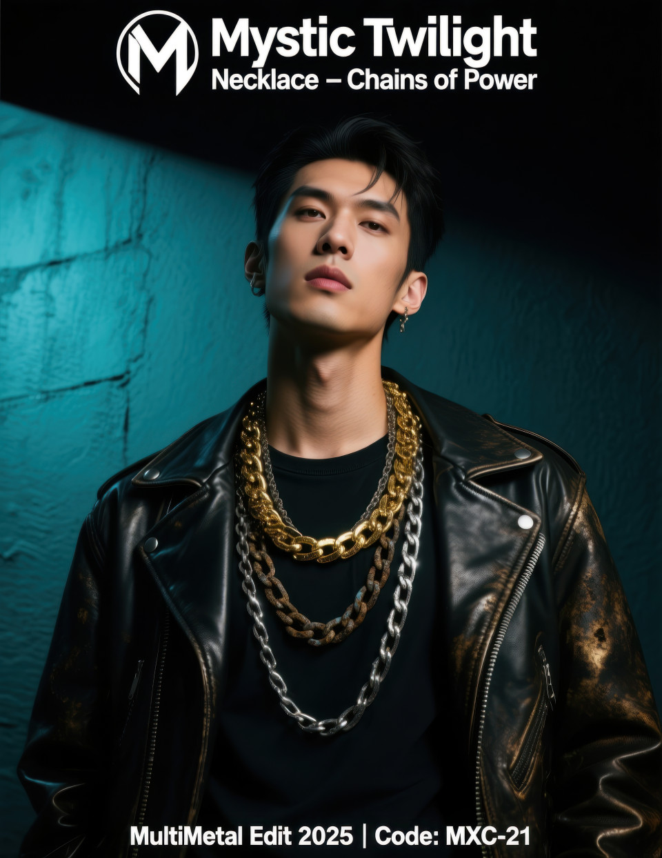 Male model in layered gold, silver, and oxidized chains over black t shirt and leather jacket with moody light, jewelry product chat gpt prompts
