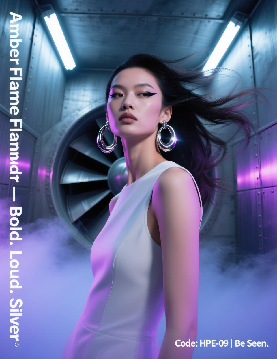 High fashion model with large silver hoop earrings, hair flying in wind tunnel, neon steel backdrop with smoky tones, jewelry product chat gpt prompts