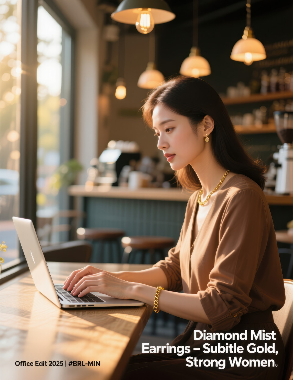 Woman typing on laptop at sunny café window wearing simple gold bracelet in soft light, modern lifestyle mood, jewelry product chat gpt prompts