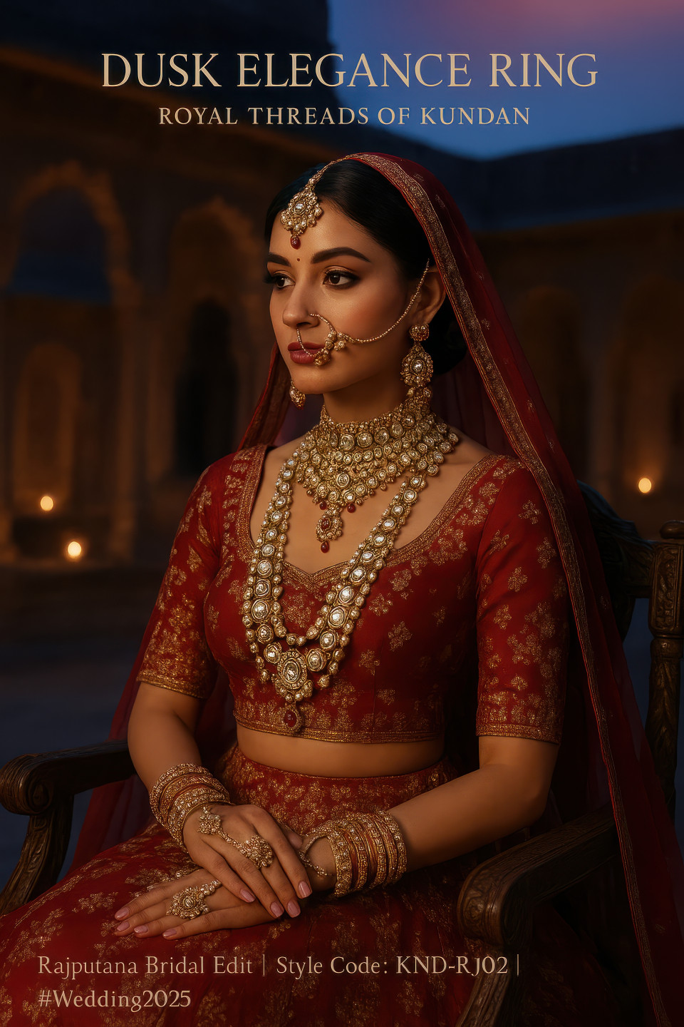 North indian bride in heavy kundan choker, necklaces, tikka, and nath seated on royal chair in palace courtyard at twilight, jewelry product chat gpt prompts