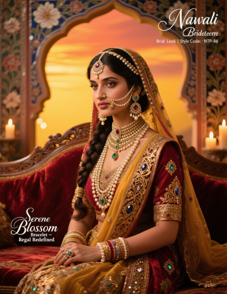 Bride with large nath and pearl passa seated on mughal divan with arches and candle glow, romantic royal mood, jewelry product chat gpt prompts