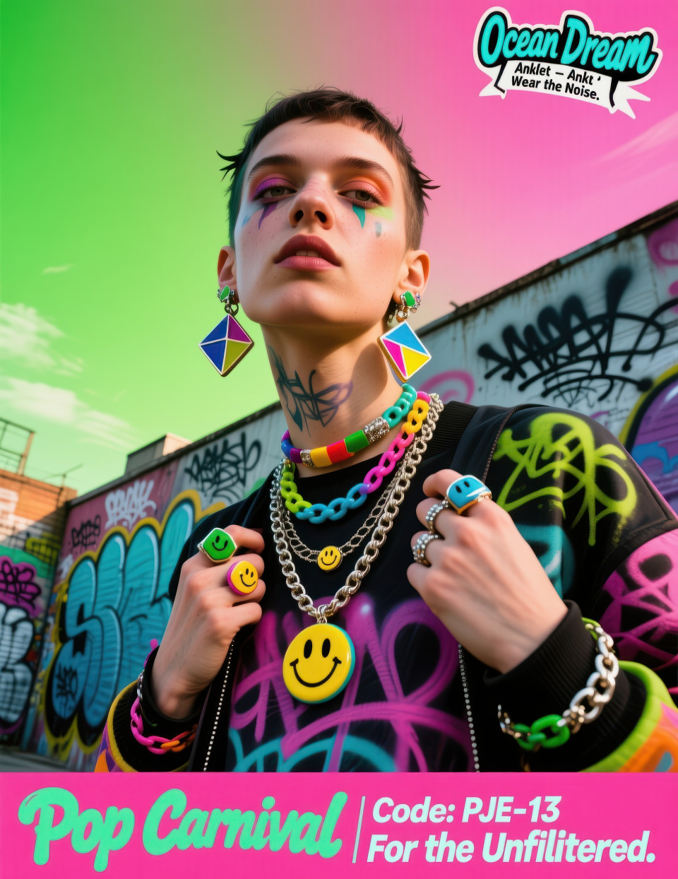 Young model in colorful enamel earrings, funky chains, and rings styled in graffiti streetwear against mural wall, jewelry product chat gpt prompts