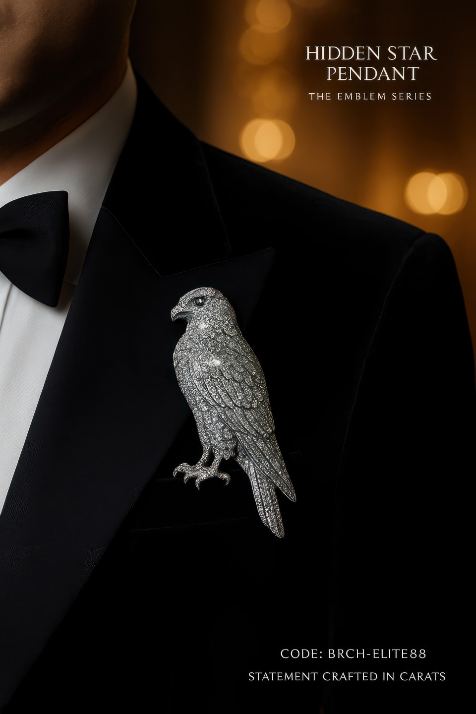 Close up of tuxedo lapel with diamond studded falcon brooch glowing under ballroom lights showing regal masculine style, jewelry product chat gpt prompts