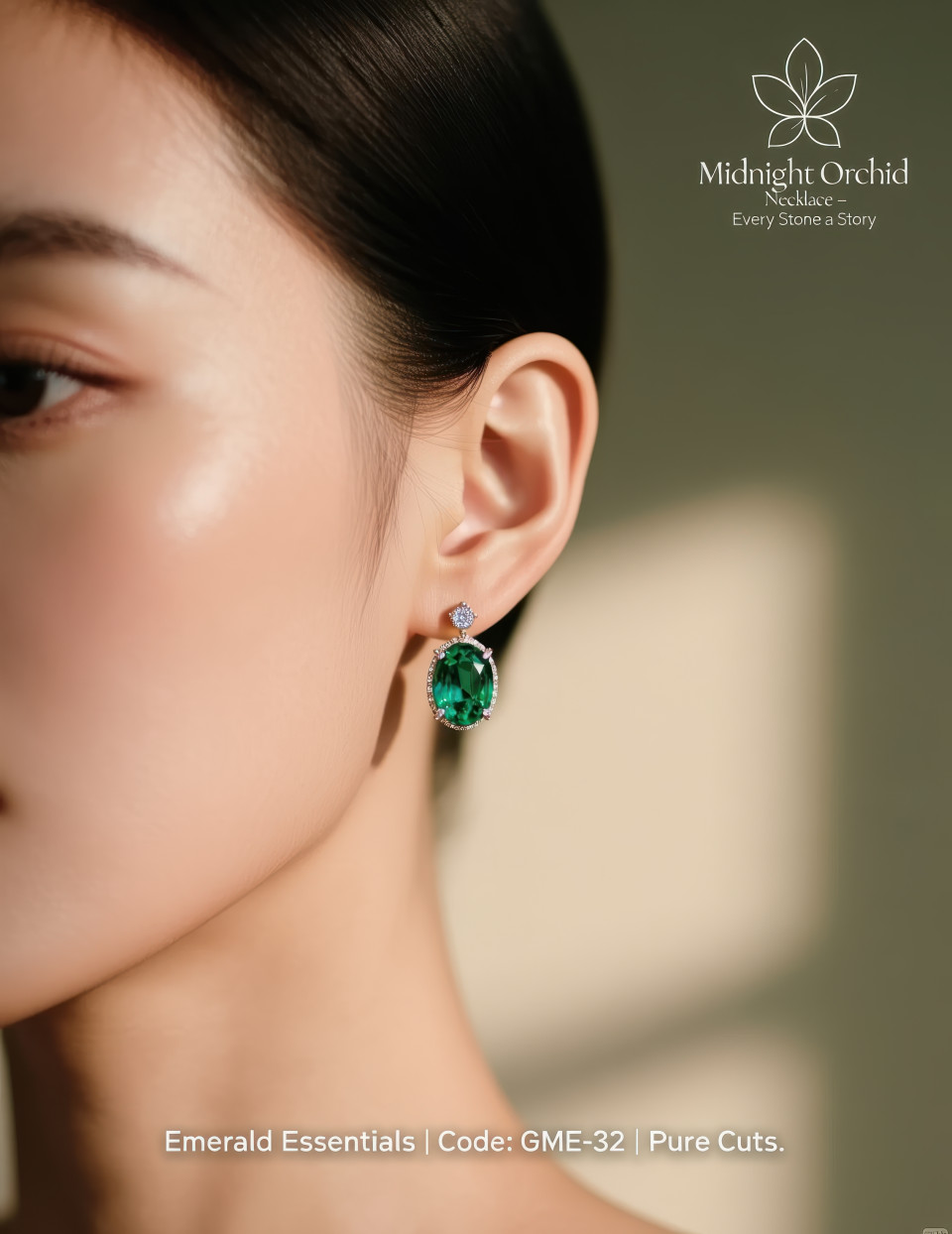 Elegant close up of woman’s ear wearing oval emerald stud earrings with gemstone sparkle and soft natural light, jewelry product chat gpt prompts