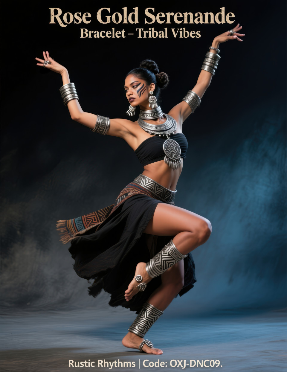 Fierce dancer posing with heavy oxidized silver choker jhumkas bangles and toe rings against dark backdrop, jewelry product chat gpt prompts