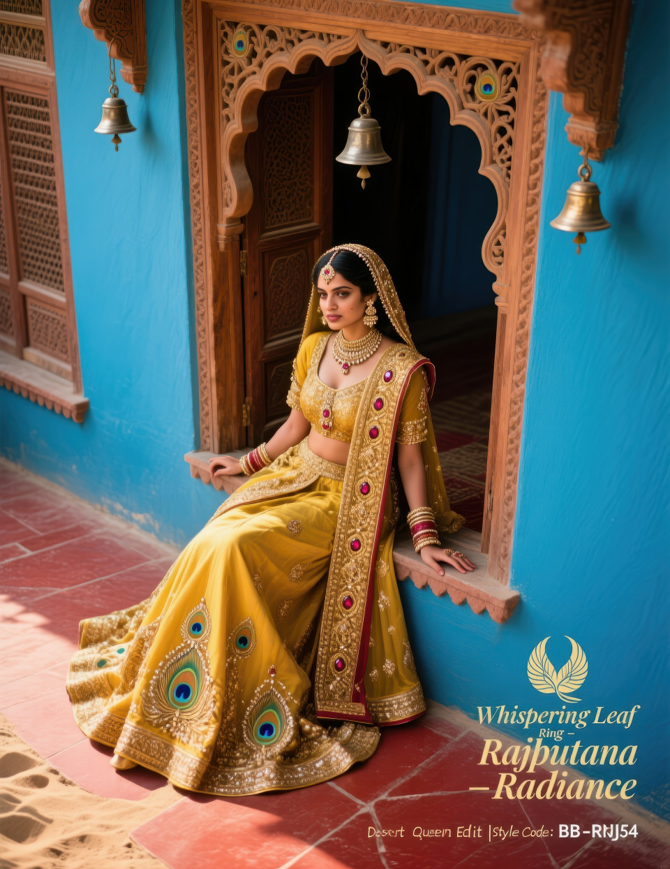 Bride in haveli courtyard leaning on jharokha frame showing gold bajuband with peacock motifs under sunlight, jewelry product chat gpt prompts