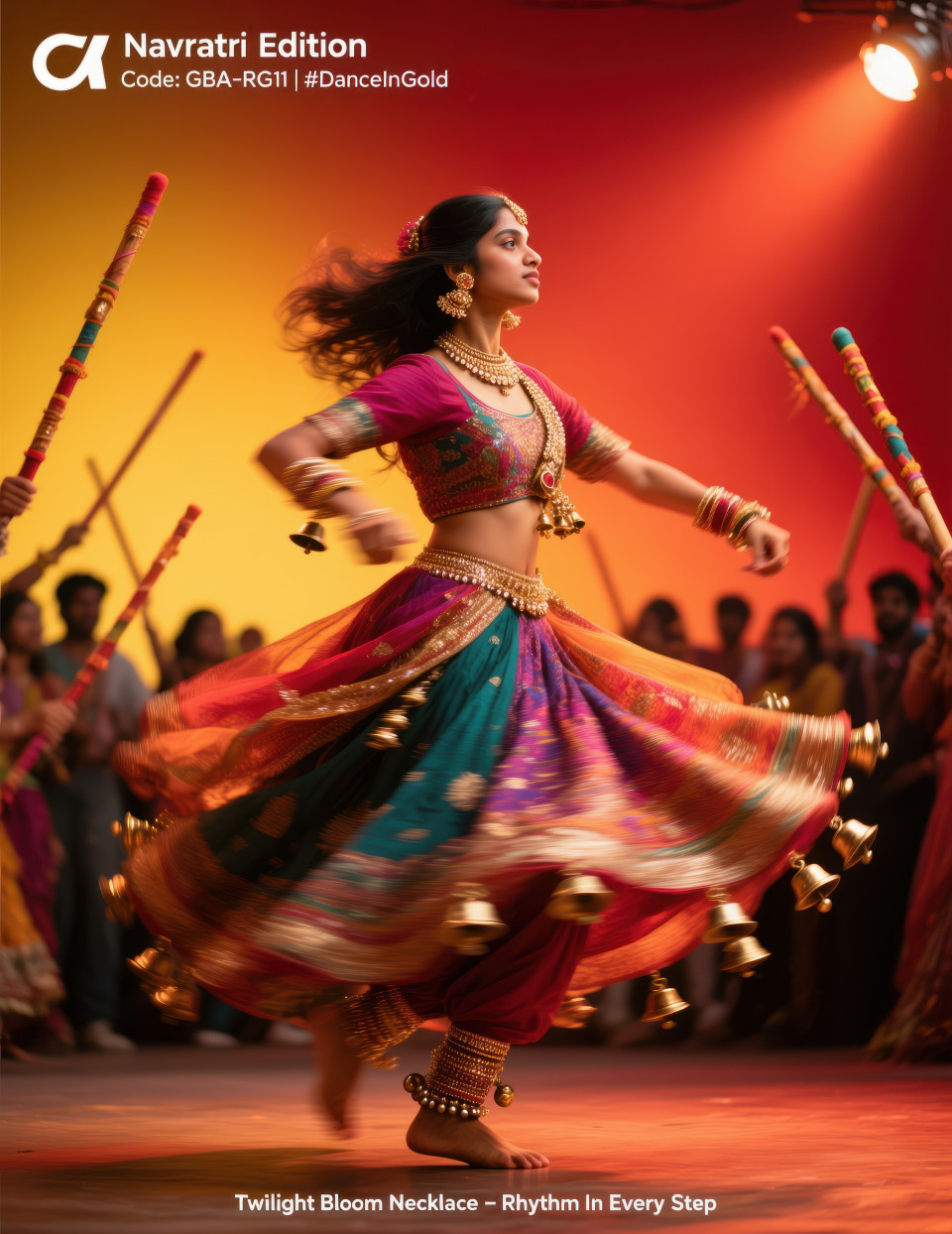 Young woman mid spin in garba dance wearing rose gold anklets with ghungroo bells sparkling in motion during festive night, jewelry product chat gpt prompts