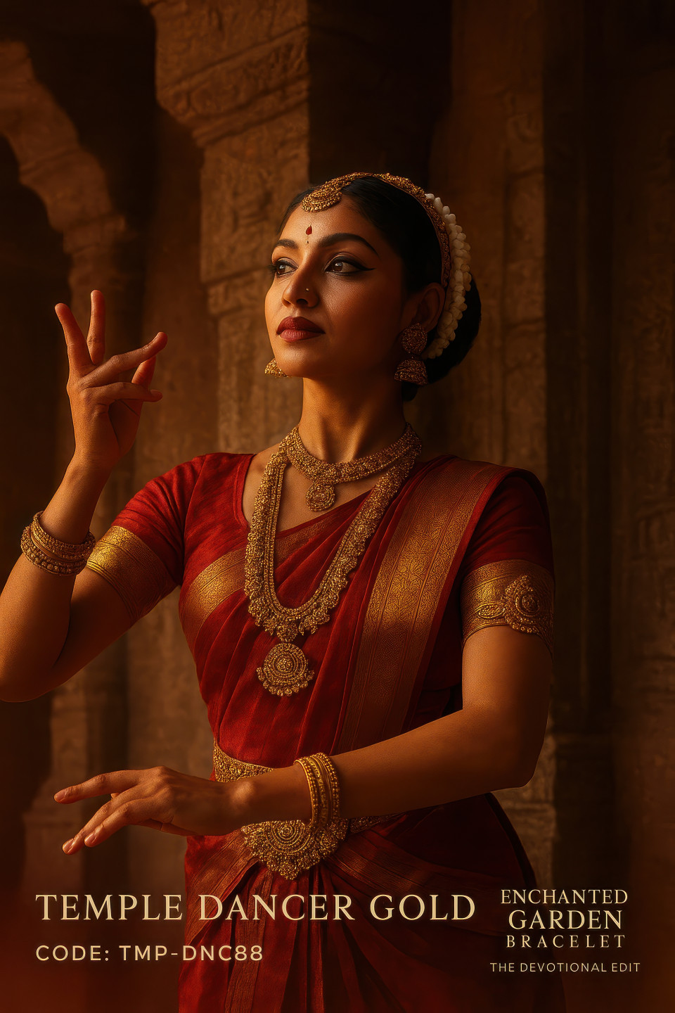 Classical dancer mid pose by temple pillar wearing ornate south indian jewelry vanki armlet belt haaram and sun moon earrings, jewelry product chat gpt prompts