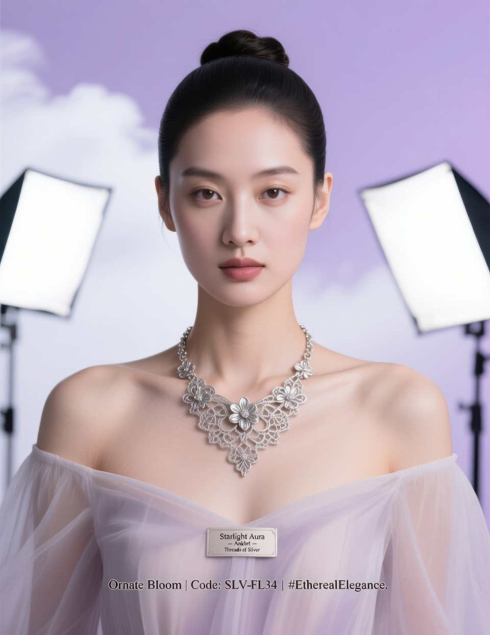 Model in off shoulder dress wearing delicate silver filigree necklace with floral detail, pastel backdrop, artistic fashion style, jewelry product chat gpt prompts