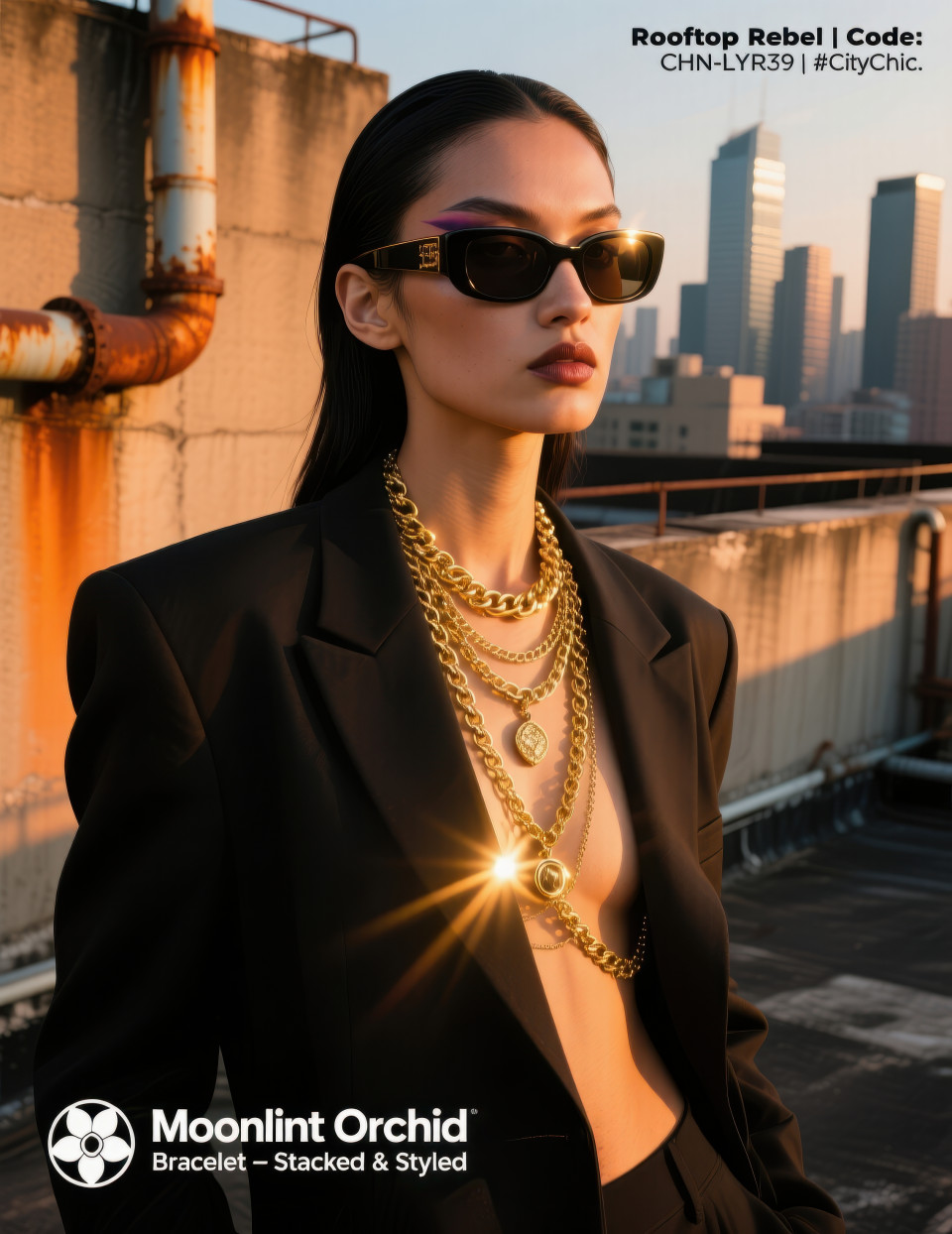 Bold model in golden hour light wearing layered gold chains on rooftop, edgy city fashion mood with skyline view, jewelry product chat gpt prompts