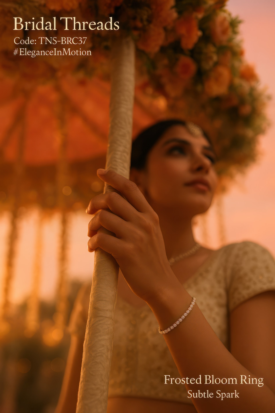 Bride holding floral canopy pole wearing subtle diamond tennis bracelet, sunset glow wedding moment, romantic elegance, jewelry product chat gpt prompts