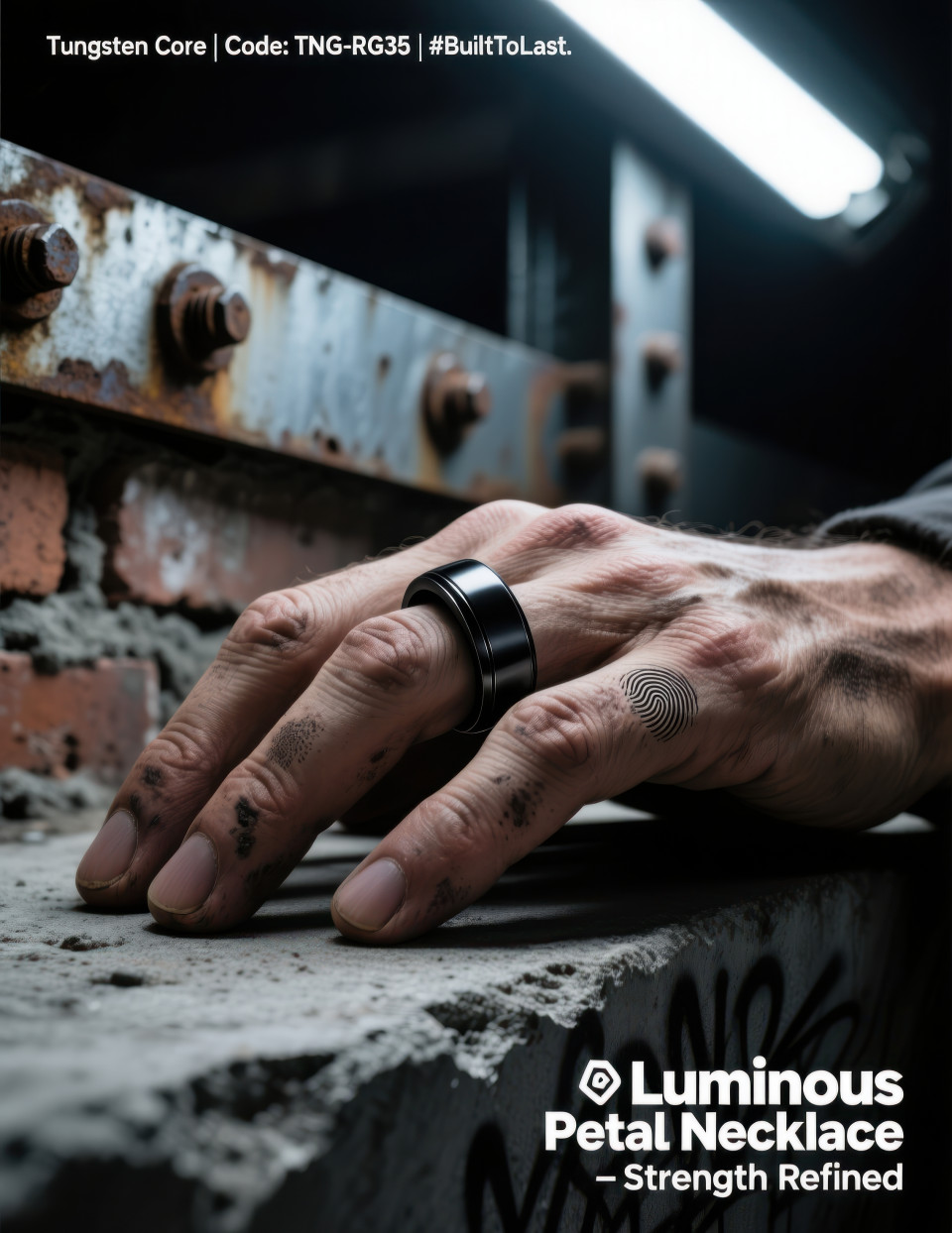 Masculine hand on concrete surface wearing black tungsten ring, rugged industrial backdrop, bold modern men’s accessory, jewelry product chat gpt prompts