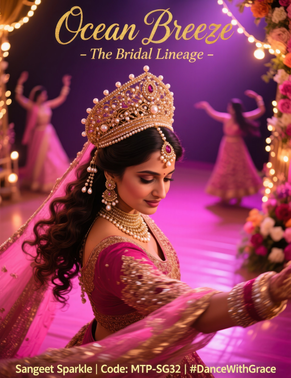 Bride dancing at sangeet in pearl kundan matha patti under glowing lights, festive royal charm, joyful wedding moment, jewelry product chat gpt prompts