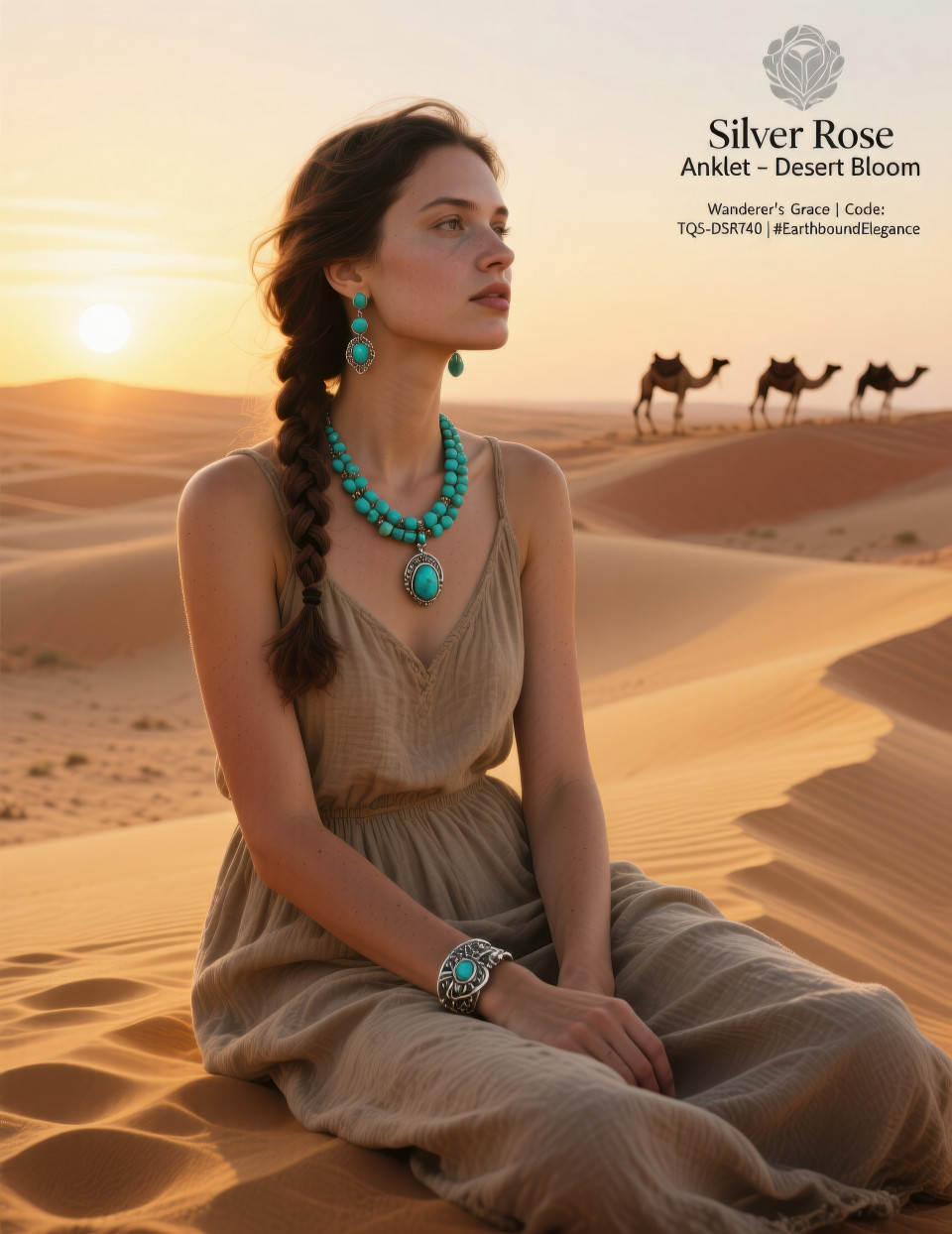Woman in desert sunset wearing turquoise bead necklace and earrings, earthy style with sand dunes and camels, jewelry product chat gpt prompts