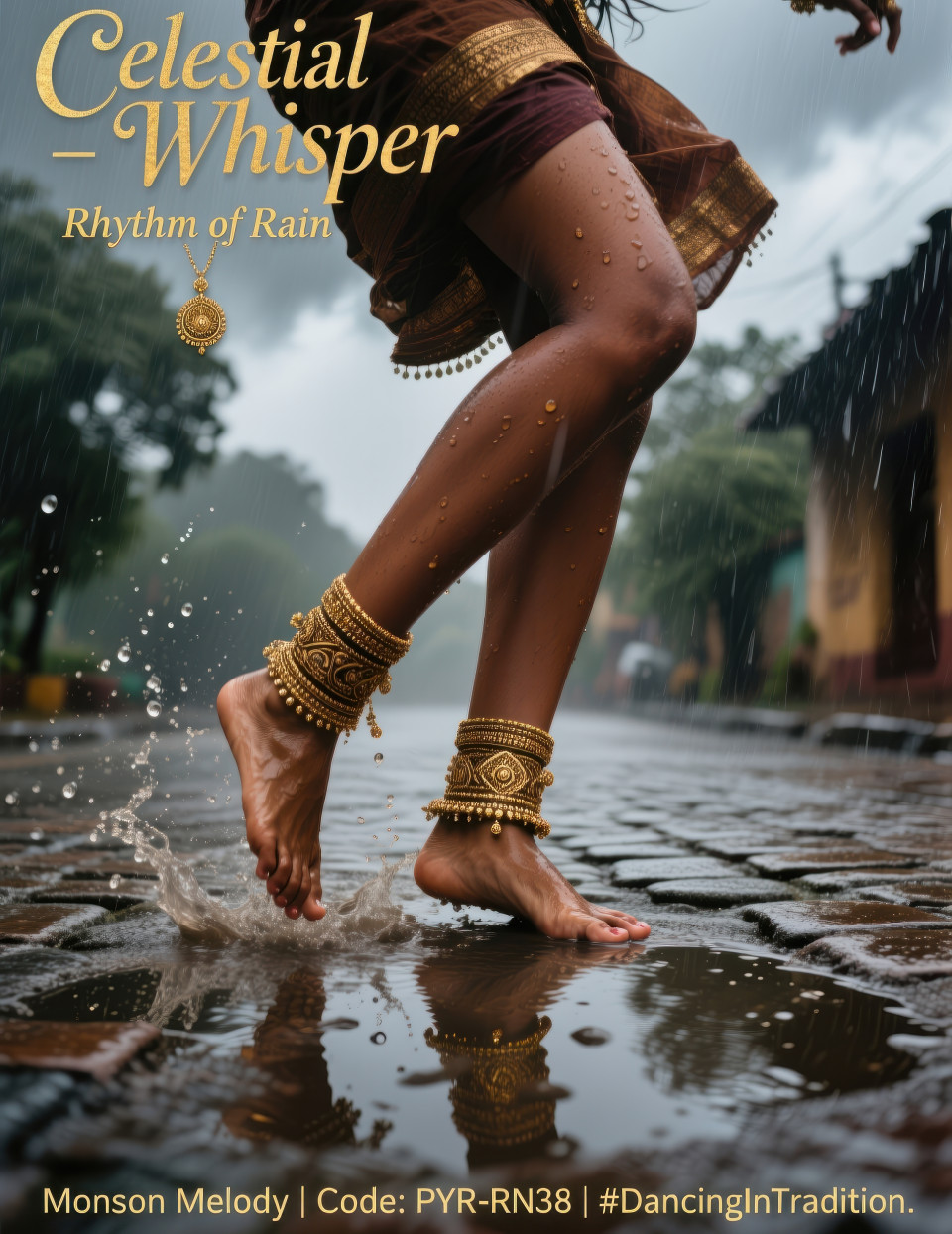 Barefoot girl splashing rain puddles wearing antique gold anklets, dramatic monsoon street scene, emotional cultural vibe, jewelry product chat gpt prompts