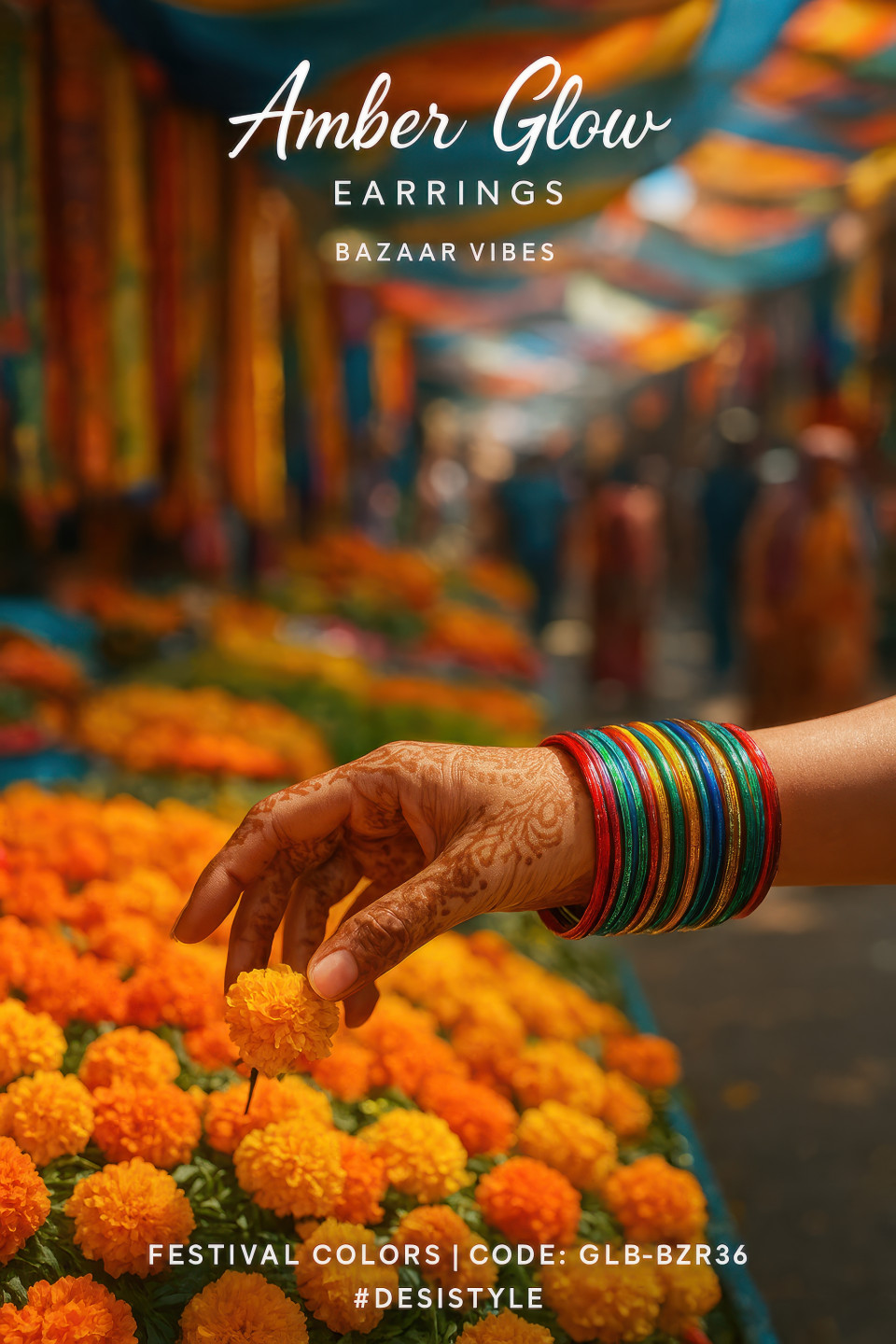 Woman with mehendi hand reaching for marigolds in market, glass bangles shining under sunlight, vibrant festive culture, jewelry product chat gpt prompts