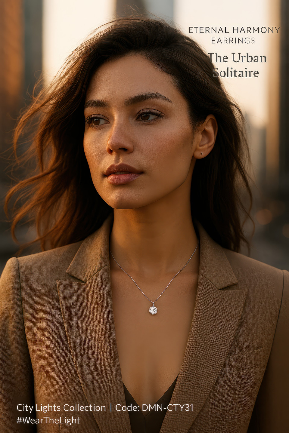 Stylish young woman in city wearing solitaire diamond pendant with chic blazer, golden sunlight glow, modern lifestyle vibe, jewelry product chat gpt prompts