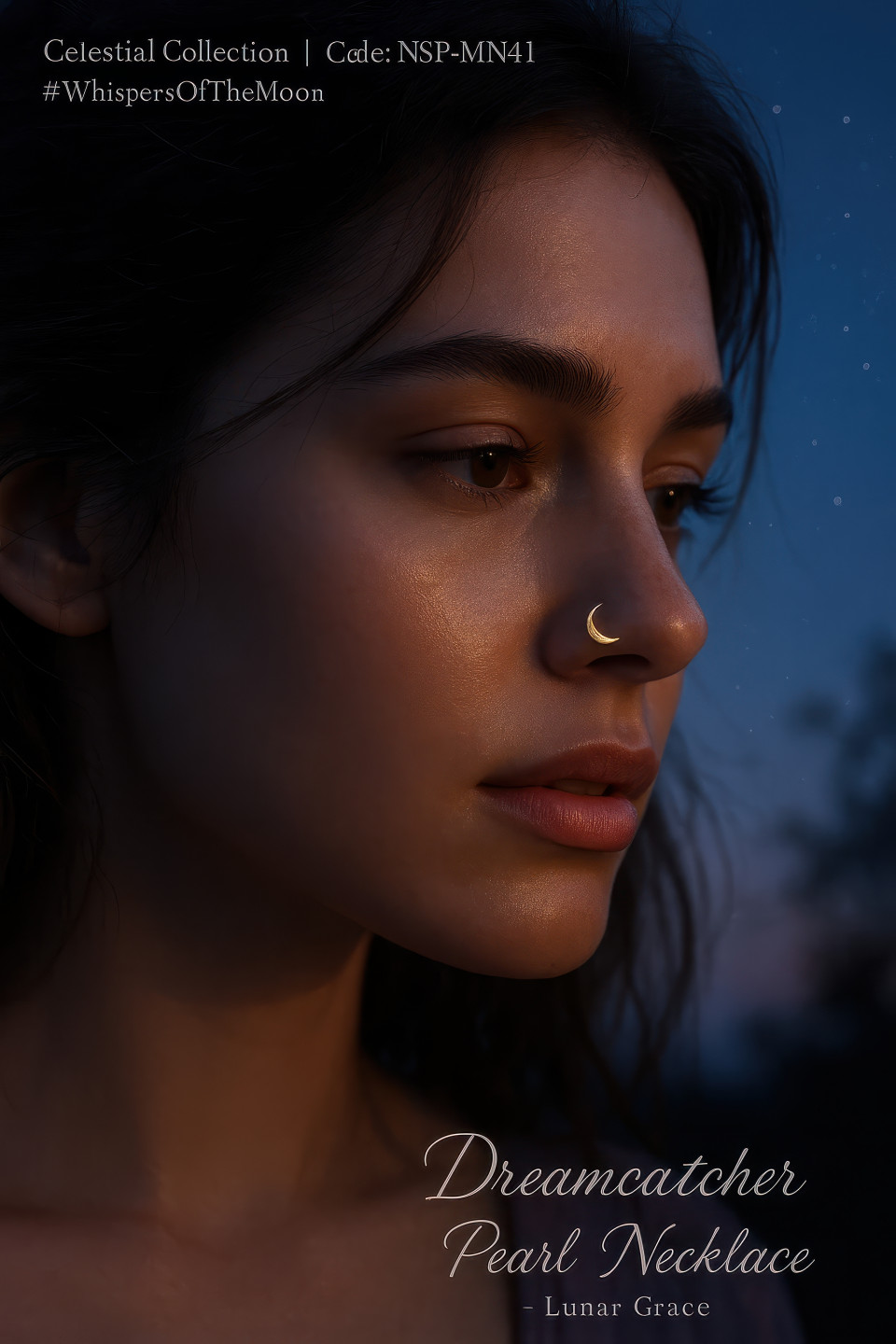 Young woman with crescent moon gold nose pin under twilight sky, soft glow on face, dreamy night vibe, jewelry product chat gpt prompts celestial theme