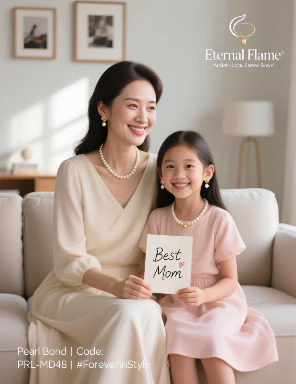 Mother and daughter smiling at home in matching pearl necklaces and earrings, warm family bond, jewelry product chat gpt prompts elegant occasion