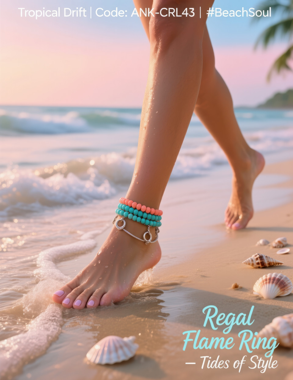 Woman walking barefoot on tropical beach waves with coral and turquoise anklet shining in morning light, jewelry product chat gpt prompts coastal fashion