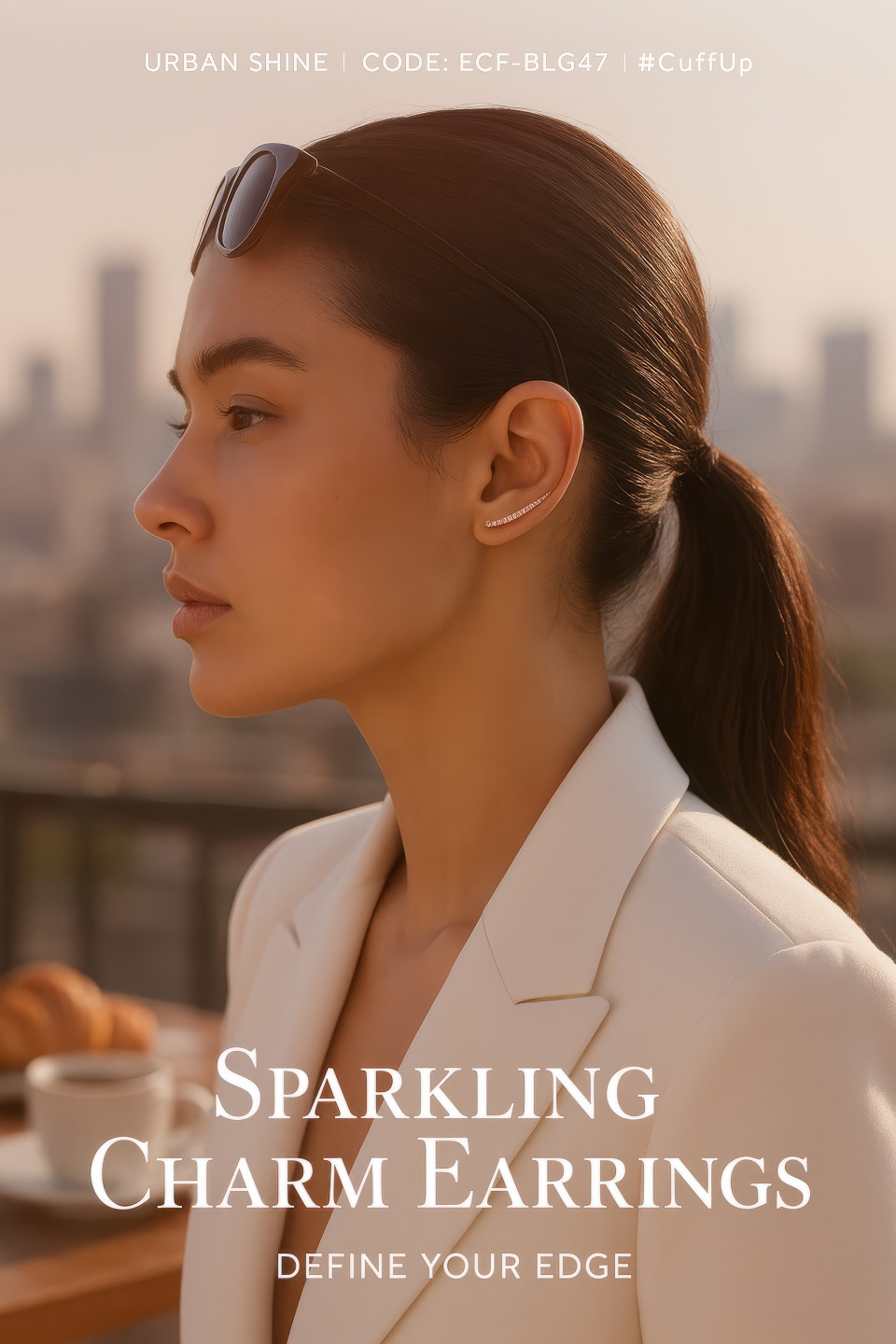 Fashion blogger at rooftop brunch wearing diamond ear cuff shining in morning sun with city view, jewelry product chat gpt prompts urban lifestyle