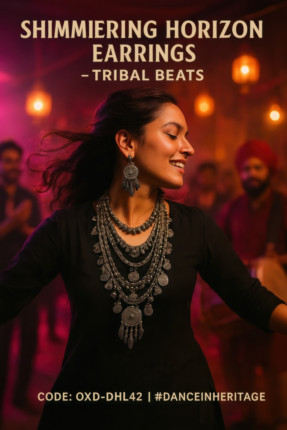 Woman dancing in punjabi dhol night wearing layered oxidized silver necklaces with festive lights and motion, jewelry product chat gpt prompts cultural style