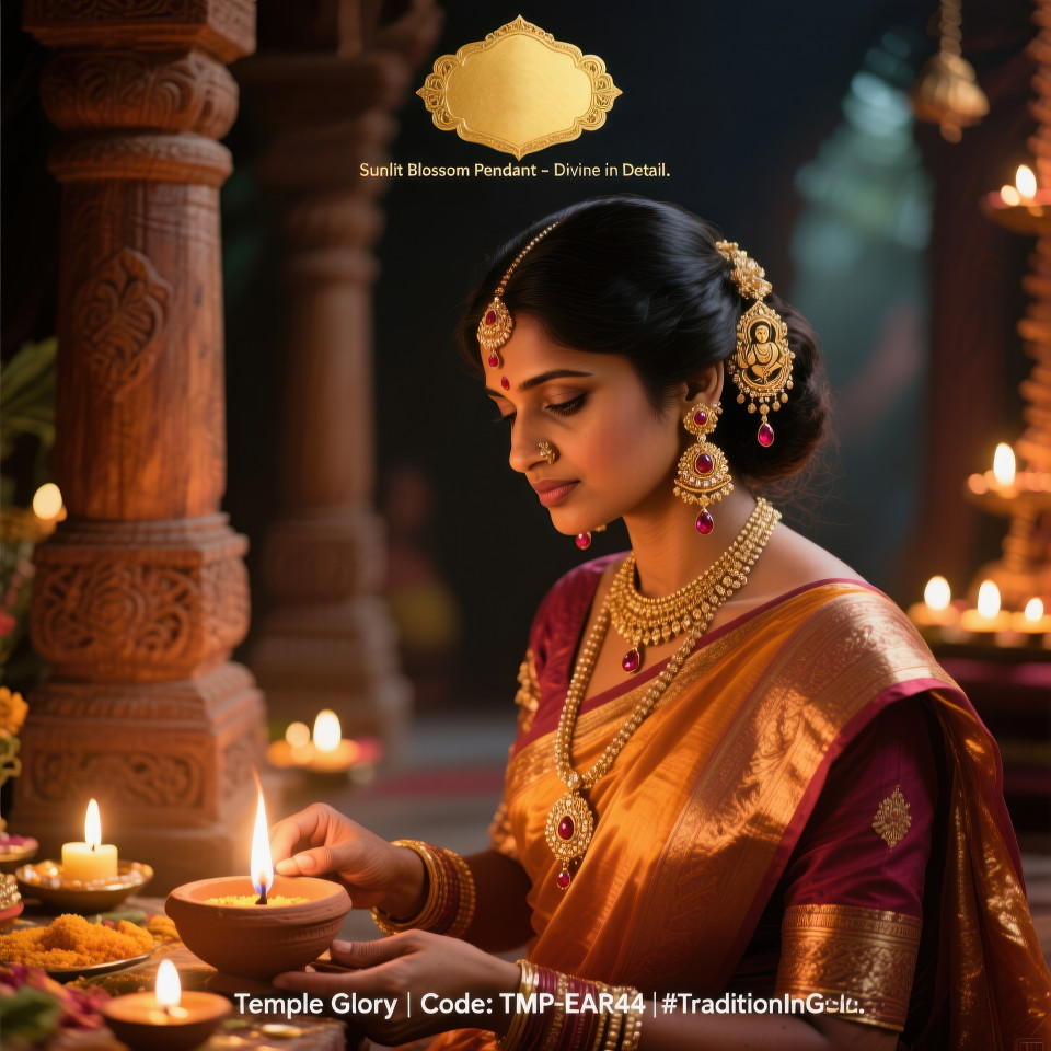 Bride lighting diya in temple wearing gold jhumka earrings with ruby drops and silk saree glow, jewelry product chat gpt prompts festive tradition