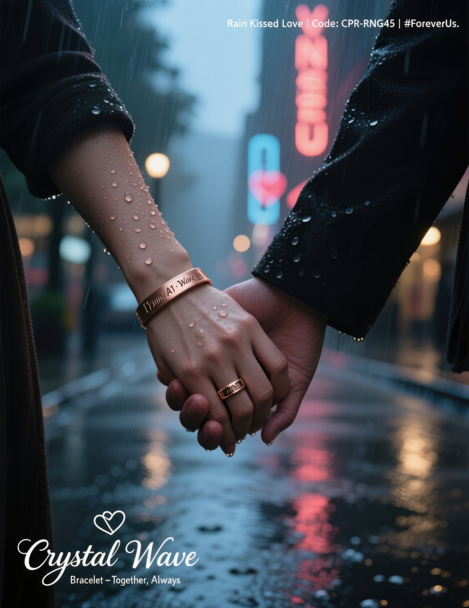 Couple holding hands in rain with engraved rose gold rings, raindrops shining under streetlights, jewelry product chat gpt prompts romantic moment