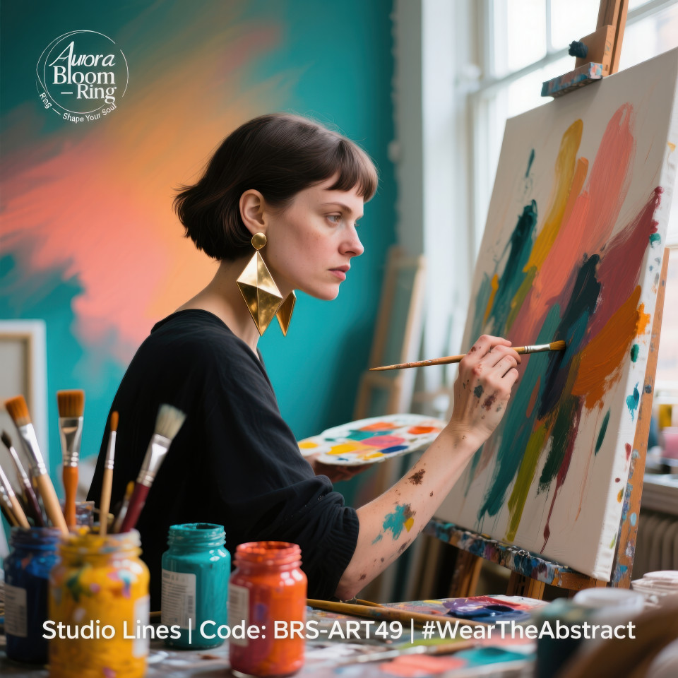 Woman artist painting canvas in studio wearing bold brass geometric earrings with creative vibe, jewelry product chat gpt prompts modern design