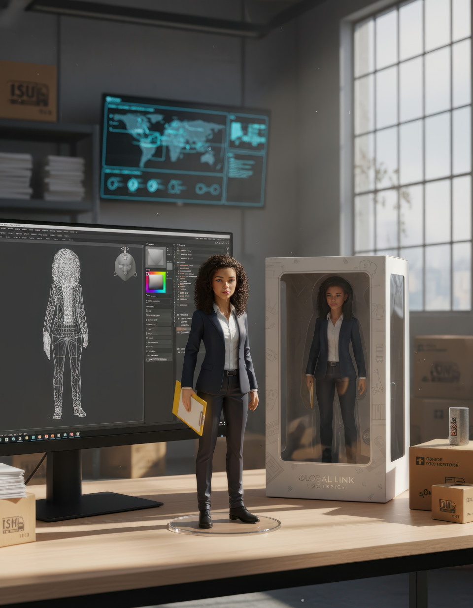 A logistics manager in a supply chain warehouse office figurine google gemini prompt