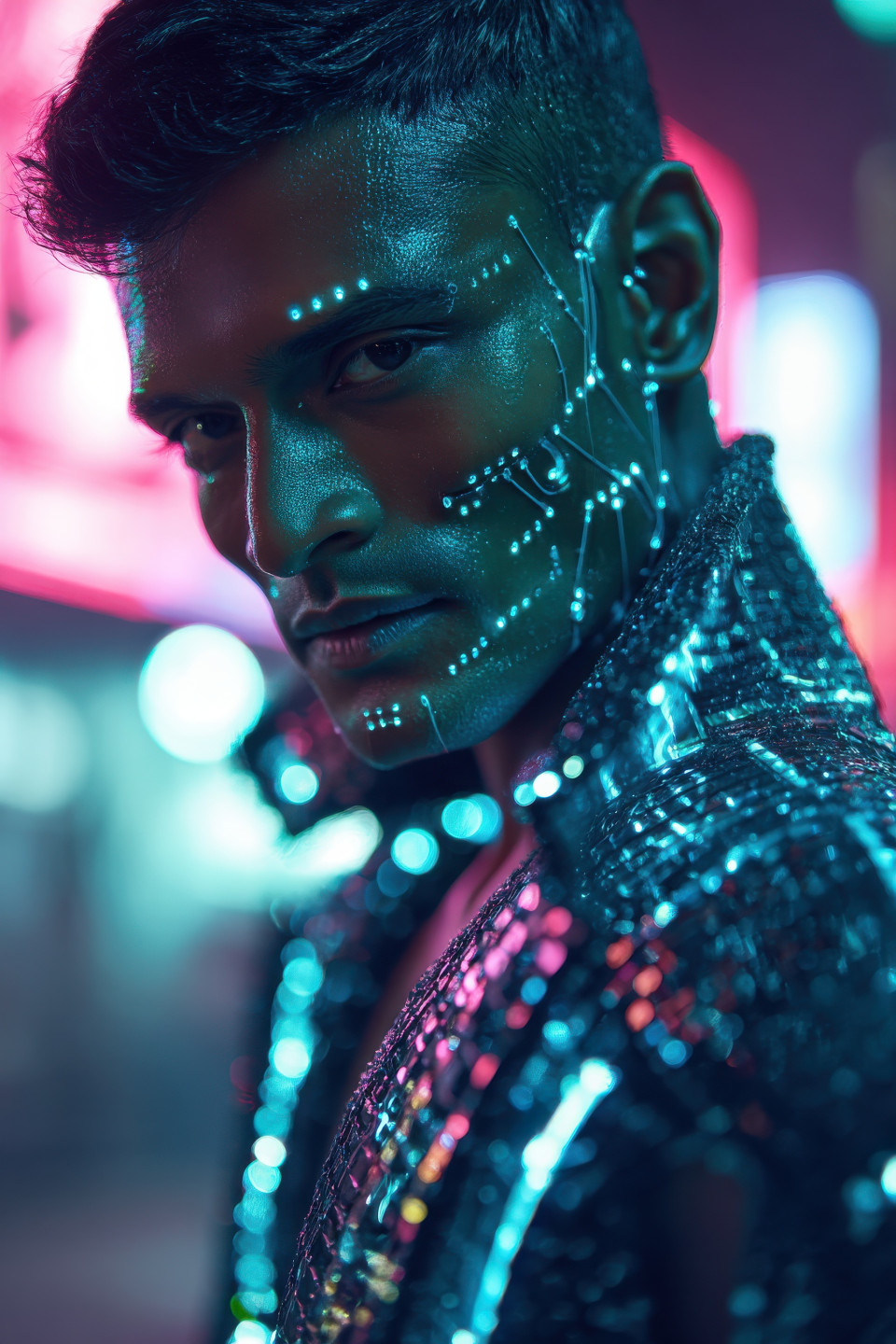 Man with cyber eyes walks neon street through puddles and holograms in glowing coat, retro-futuristic prompt, neon glow ai art, chatgpt image prompt