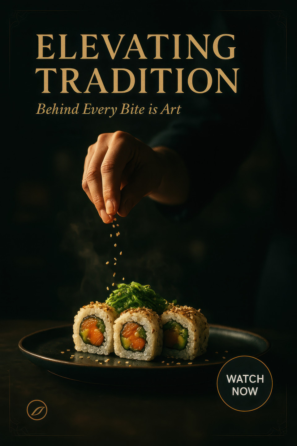 Elegant chef garnishing sushi rolls with sesame seeds mid air, steam rising, rich details, chatgpt image prompt luxury chef in action poster