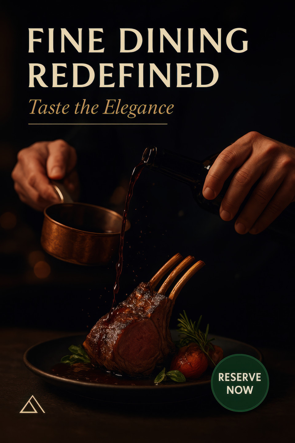 Fine dining chef pouring red wine sauce over lamb chops, sauce frozen in motion, glowing tones, chatgpt image prompt luxury chef in action poster